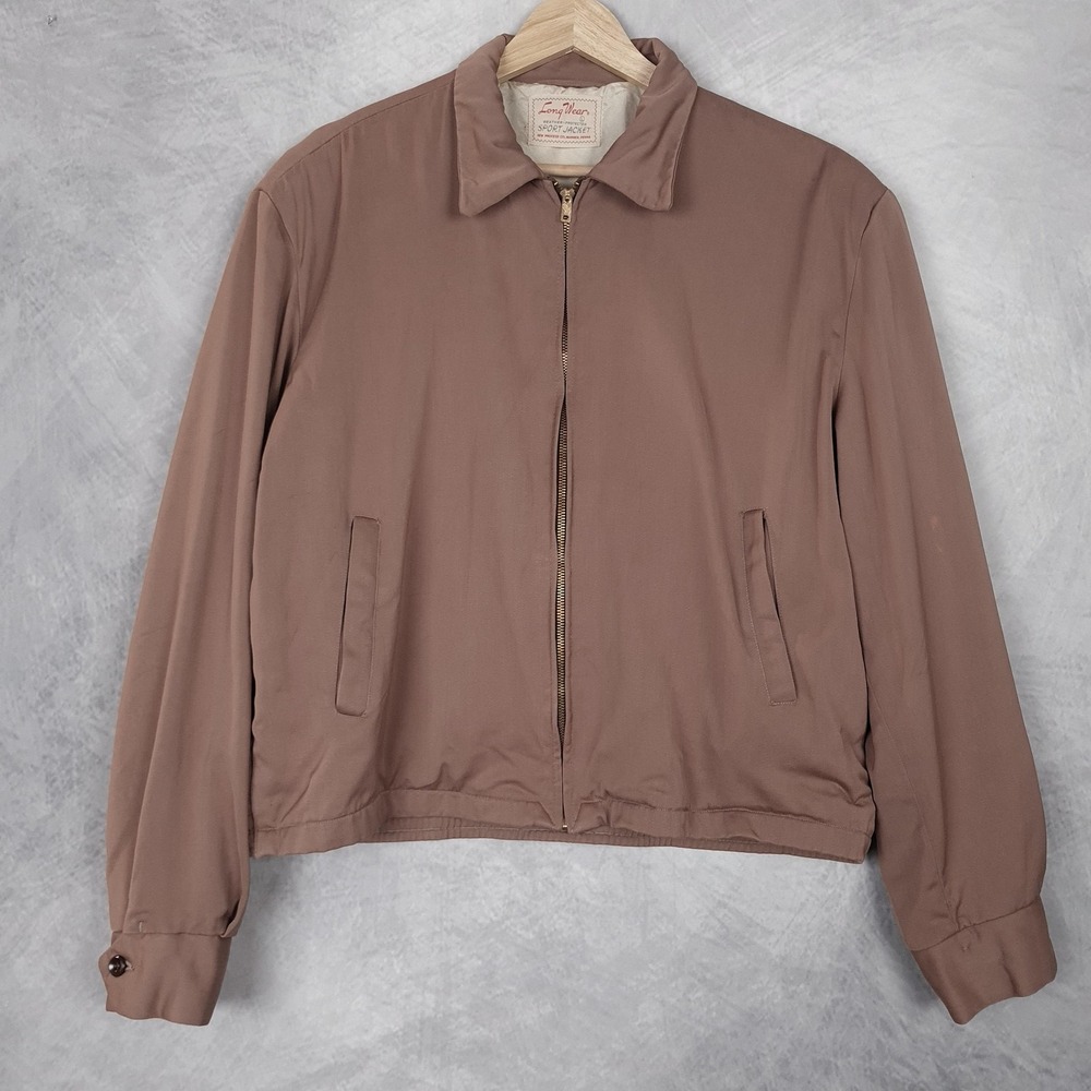 Vintage 50s Gabardine Ricky Jacket Mens Large Brown Rockabilly Long Wear Tag